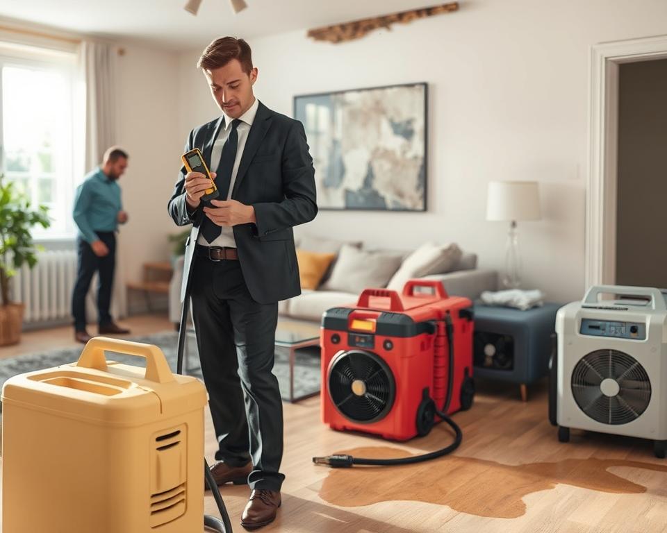 A professional water damage restoration team at work in a residential setting. In the foreground, a technician in smart business attire is inspecting a water-damaged wall with a moisture meter, showing concentration and expertise. In the middle ground, various tools like a wet vacuum, drying fans, and dehumidifiers are neatly arranged, highlighting the restoration process. The background features a living room with visible signs of water damage, such as discolored walls and a small puddle on the floor. Soft, natural lighting filters in through a window, creating a balanced, calm atmosphere, while subtle reflections emphasize the urgency of restoration. The image conveys professionalism and reliability, suitable for demonstrating quality service in water damage restoration without any text or logos.
