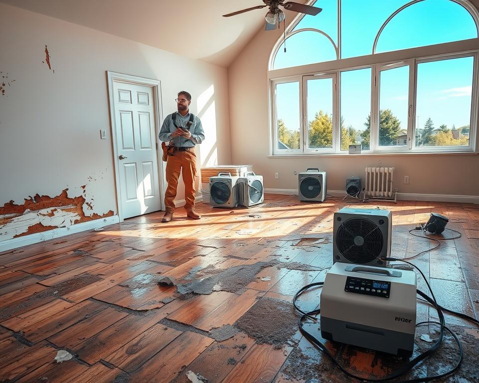 A realistic depiction of a home interior affected by water damage restoration. In the foreground, show a damaged living room with warped wooden floors, peeling paint, and water stains on the walls. A professional restoration technician in modest work attire assesses the damage, equipped with moisture detection tools. In the middle ground, display drying equipment like dehumidifiers and fans strategically placed to remove moisture. The background reveals a sunny exterior through a window, highlighting a clear blue sky, contrasting with the indoor damage. Soft, natural lighting filters in, creating a sense of hopeful recovery amidst the challenging situation. The overall mood conveys urgency for restoration while also reflecting a professional and organized effort to restore the home.